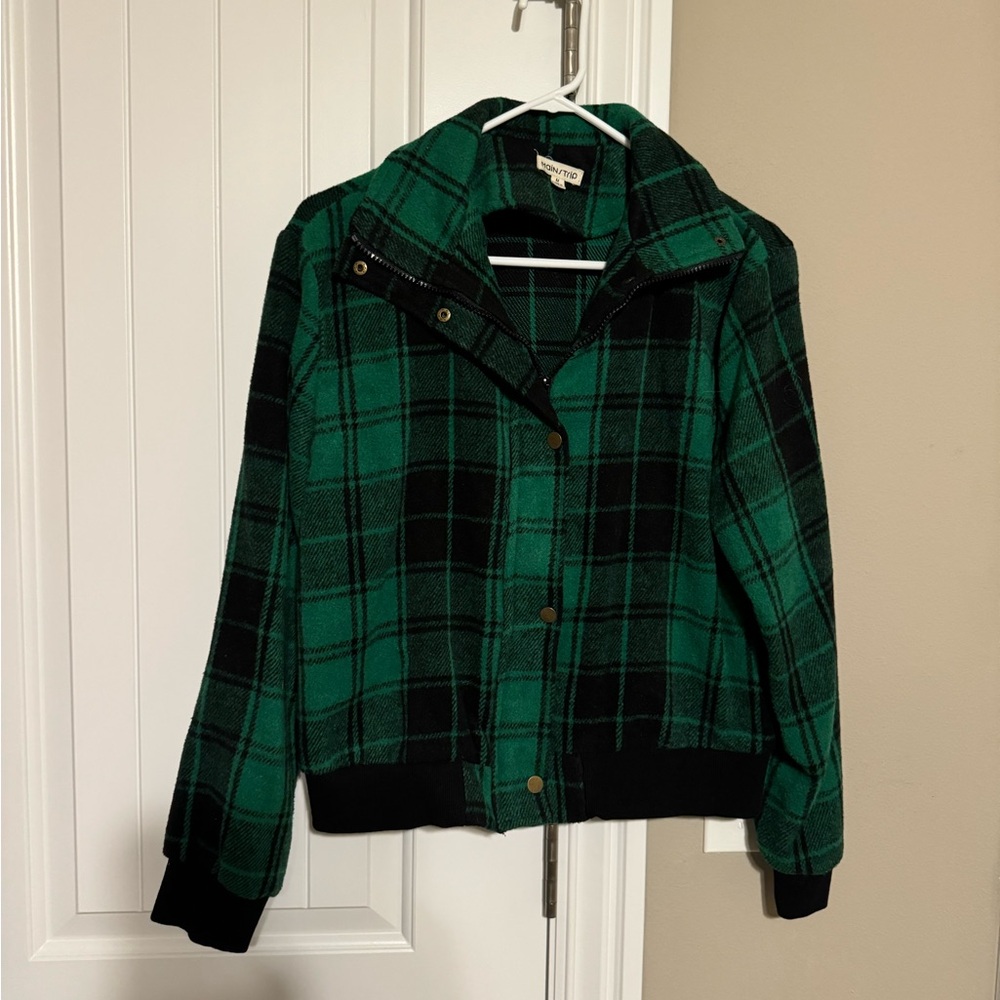 Main Strip Green and Black Plaid Bomber Jacket